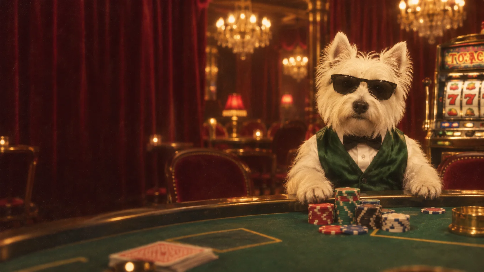 CASINU's white terrier host in sunglasses at a vintage casino