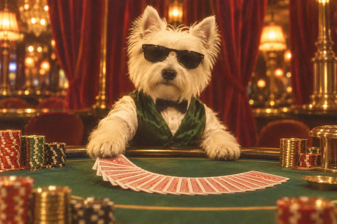 CASINU dealing cards at a green felt casino table