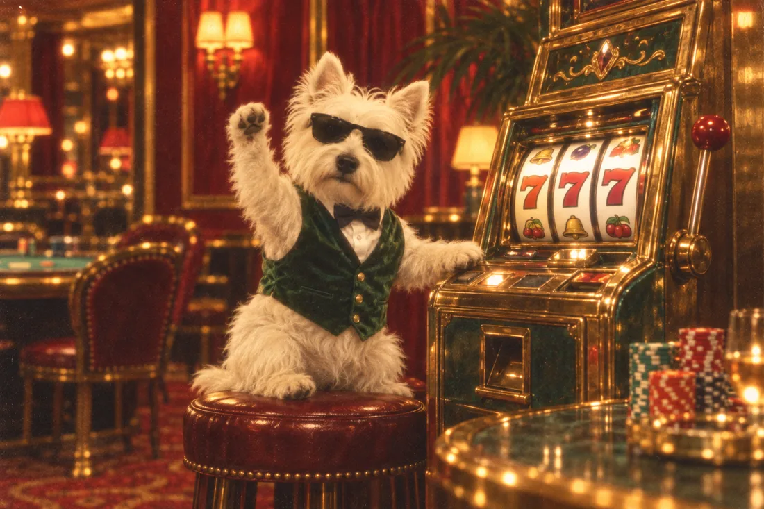 CASINU celebrating beside a vintage slot machine